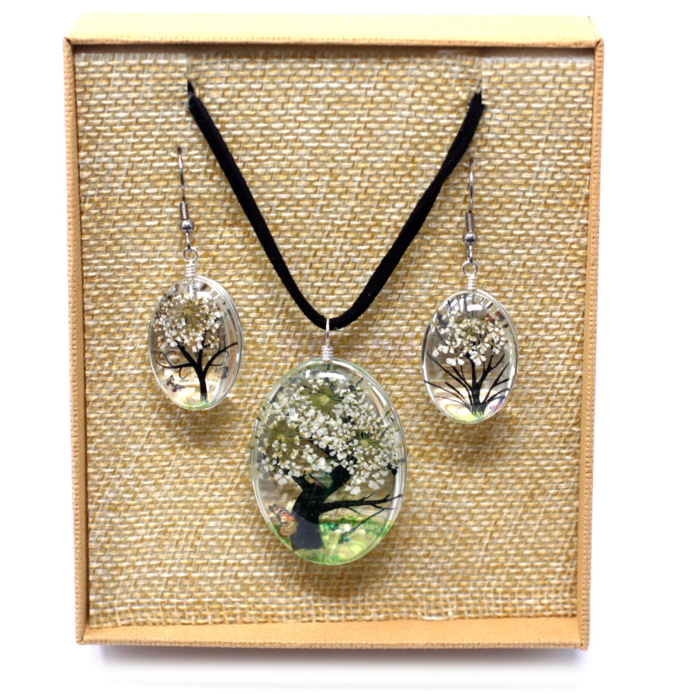 Set regalo flores prensadas joyería - Arbol De La Vida - Blanco