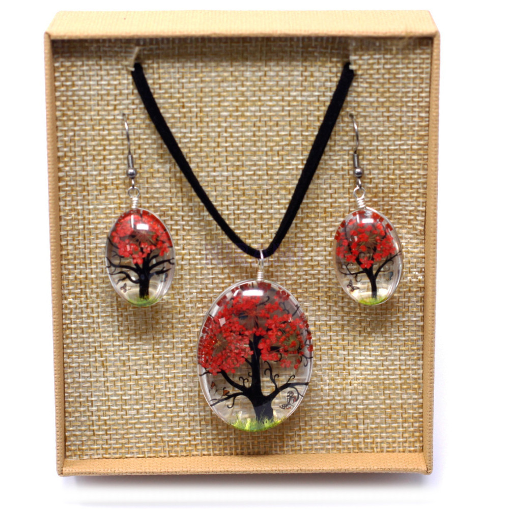 Set regalo flores prensadas joyería - Arbol De La Vida - Coral