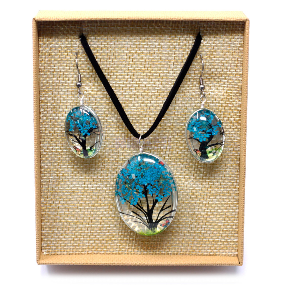Set regalo flores prensadas joyería - Arbol De La Vida - azul verde