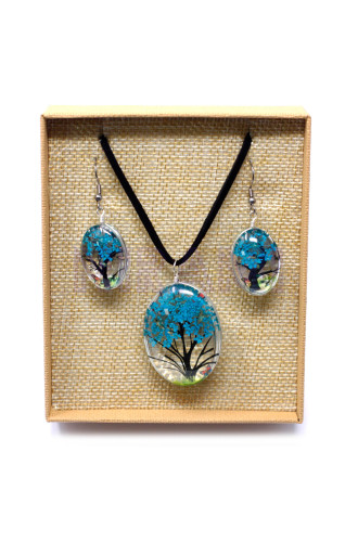 Set regalo flores prensadas joyería - Arbol De La Vida - azul verde