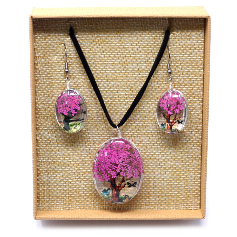 Set regalo  flores prensadas joyería - Arbol De La Vida - Rosa brillante