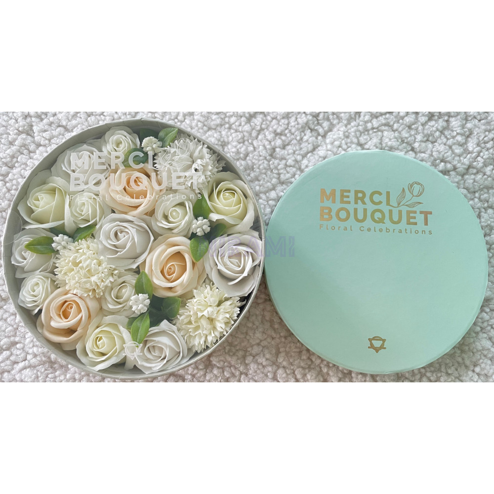 Bendiciones Boda Blanco y Marfil Caja Regalo Redonda Flores Jabón