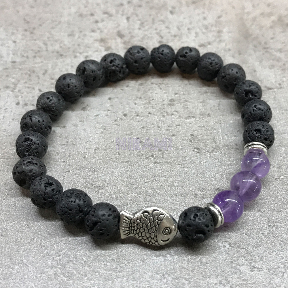 Pez - Amatista Pulsera de Piedra de Lava 