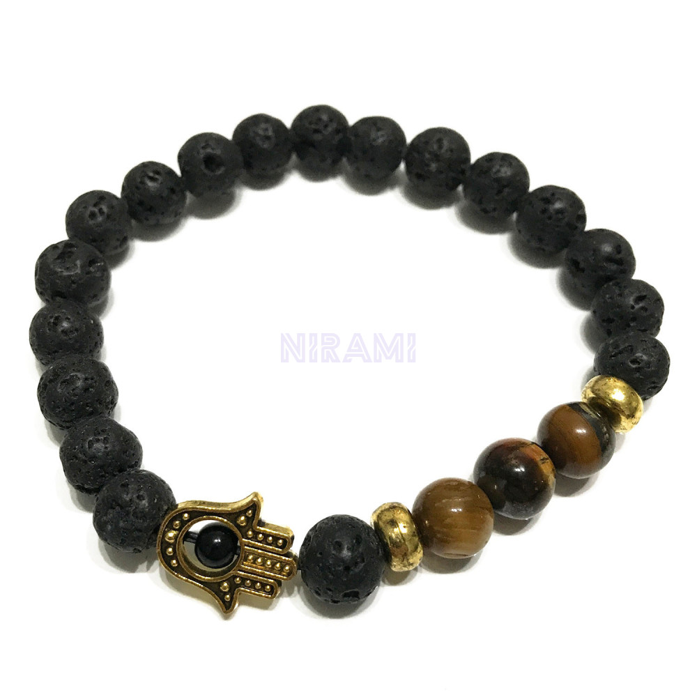 Hamsa - Ojo de tigre Pulsera de Piedra de Lava 