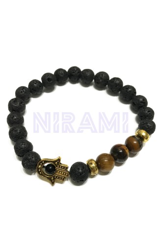 Hamsa - Ojo de tigre Pulsera de Piedra de Lava 