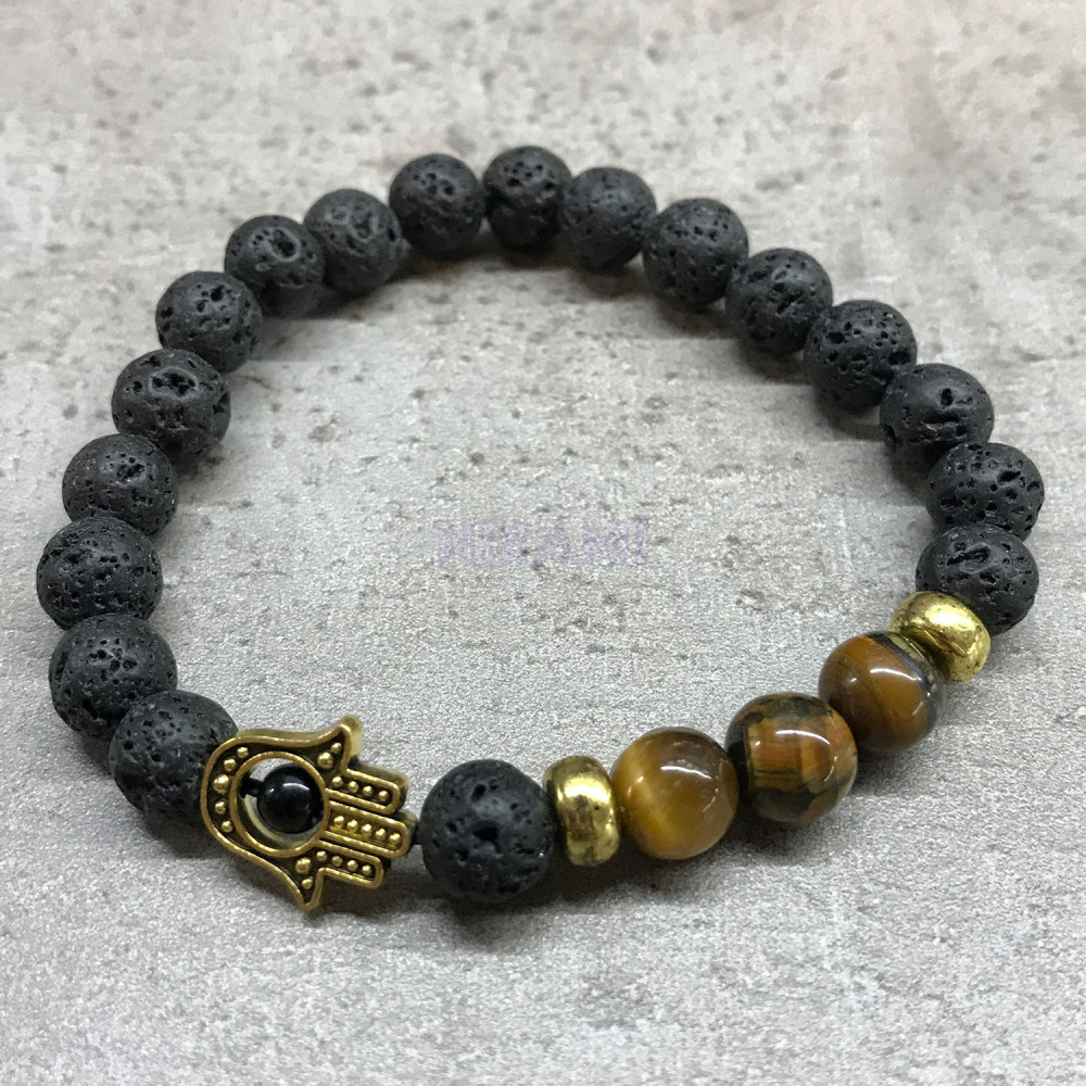 Hamsa - Ojo de tigre Pulsera de Piedra de Lava 