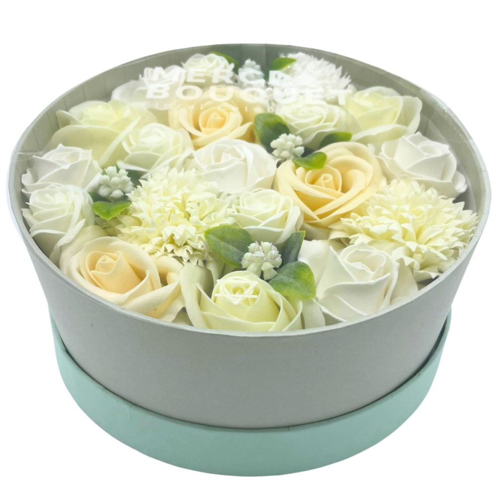 Bendiciones Boda Blanco y Marfil Caja Regalo Redonda Flores Jabón