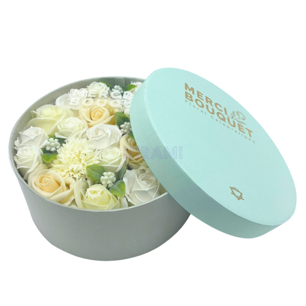 Bendiciones Boda Blanco y Marfil Caja Regalo Redonda Flores Jabón