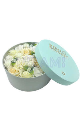Bendiciones Boda Blanco y Marfil Caja Regalo Redonda Flores Jabón