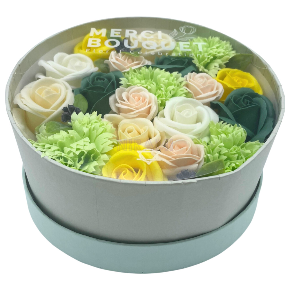 Celebraciones Primavera Amarillo y Verdes Caja Regalo Redonda Flores Jabón