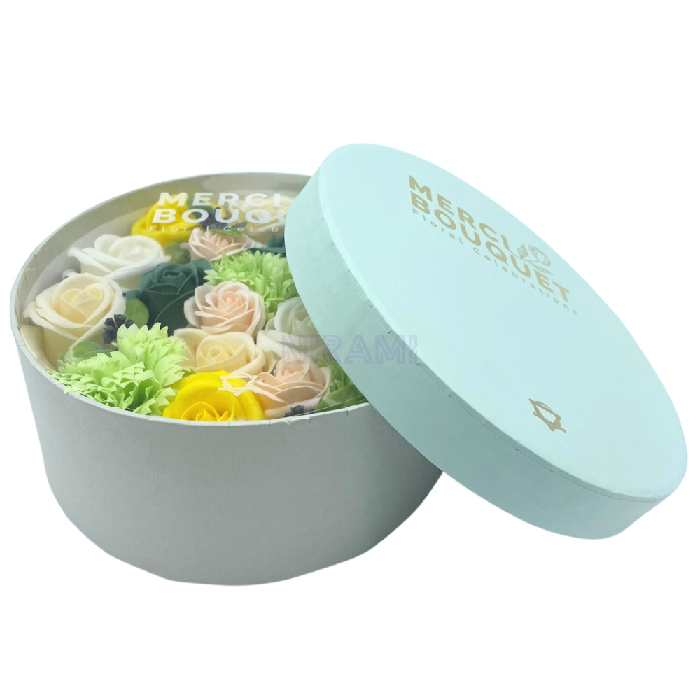 Celebraciones Primavera Amarillo y Verdes Caja Regalo Redonda Flores Jabón