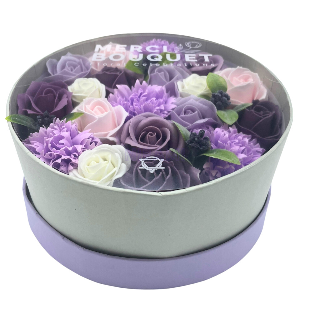 Rosa lavanda y clavel Caja Regalo Redonda Flores Jabón