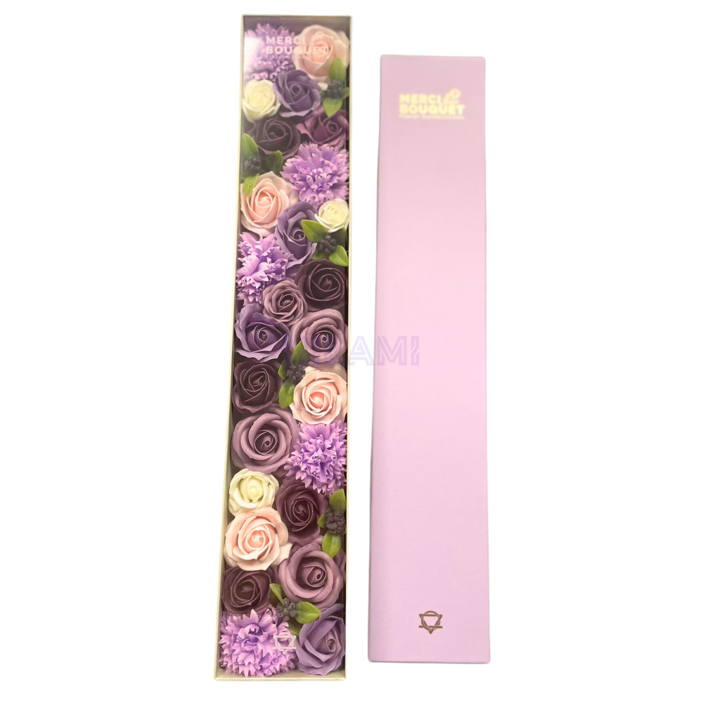 Rosa Lavanda y Clavel Caja Regalo Extralarga Flores Jabón 