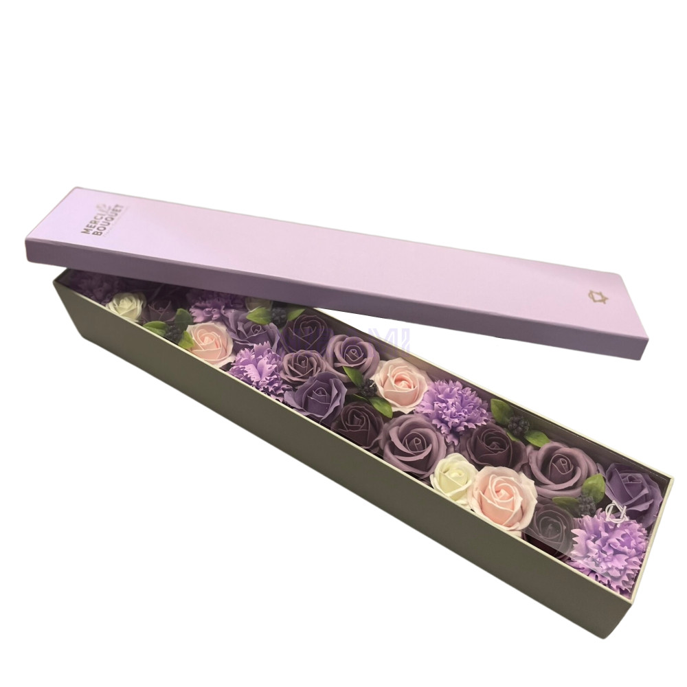 Rosa Lavanda y Clavel Caja Regalo Extralarga Flores Jabón 