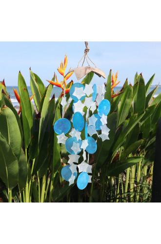 Campanas de viento de coco y capiz - Estrellas azules y blancas - 30 c…