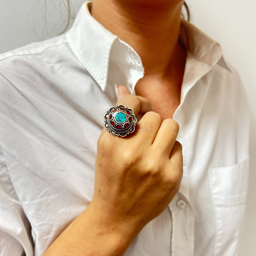 Anillo de Turquesa Estilo Nepalí (4 estilos)