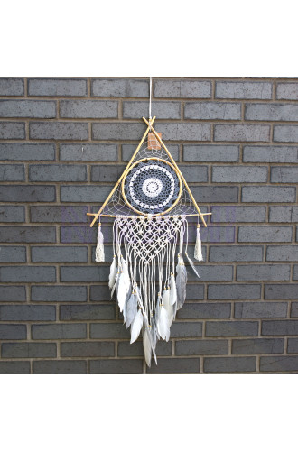 Atrapasueños Protección - Lrg Macramé Piramide Blanco / Gris