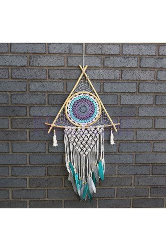 Atrapasueños Protección - Lrg Macrame Piramide Blanco/ Turquesa